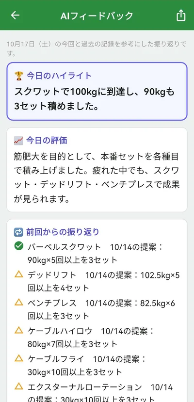 AIフィードバックの実画面例：スクワット100kgのハイライト、今日の評価、前回からの振り返り